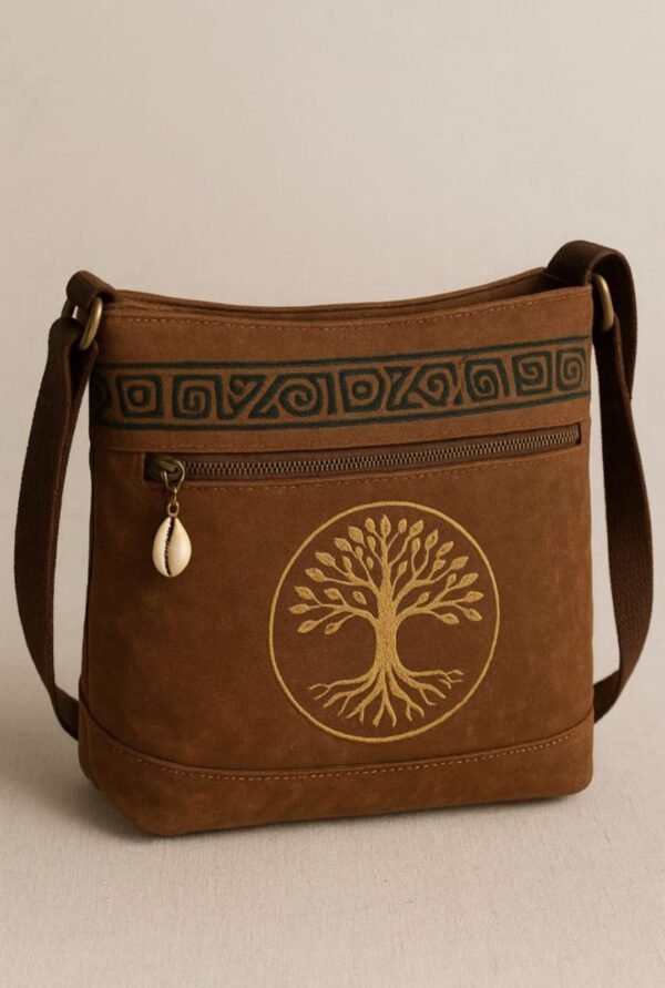 Sac bandoulière bohème chic pour femme avec broderie Arbre de Vie et pendentif coquillage